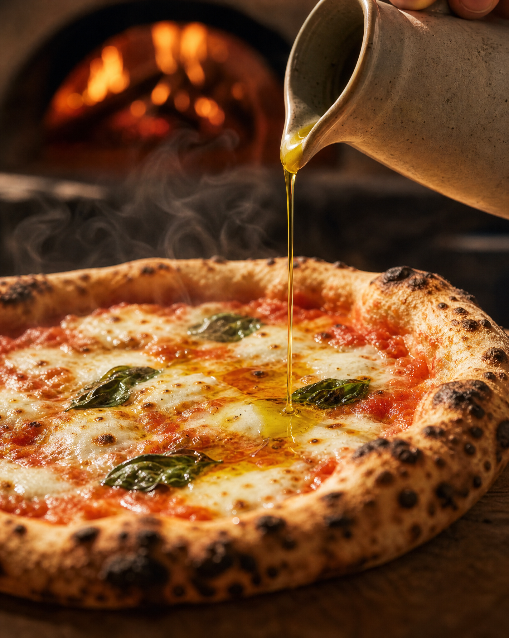 Nybakt pizza med olivenolje dryppet over