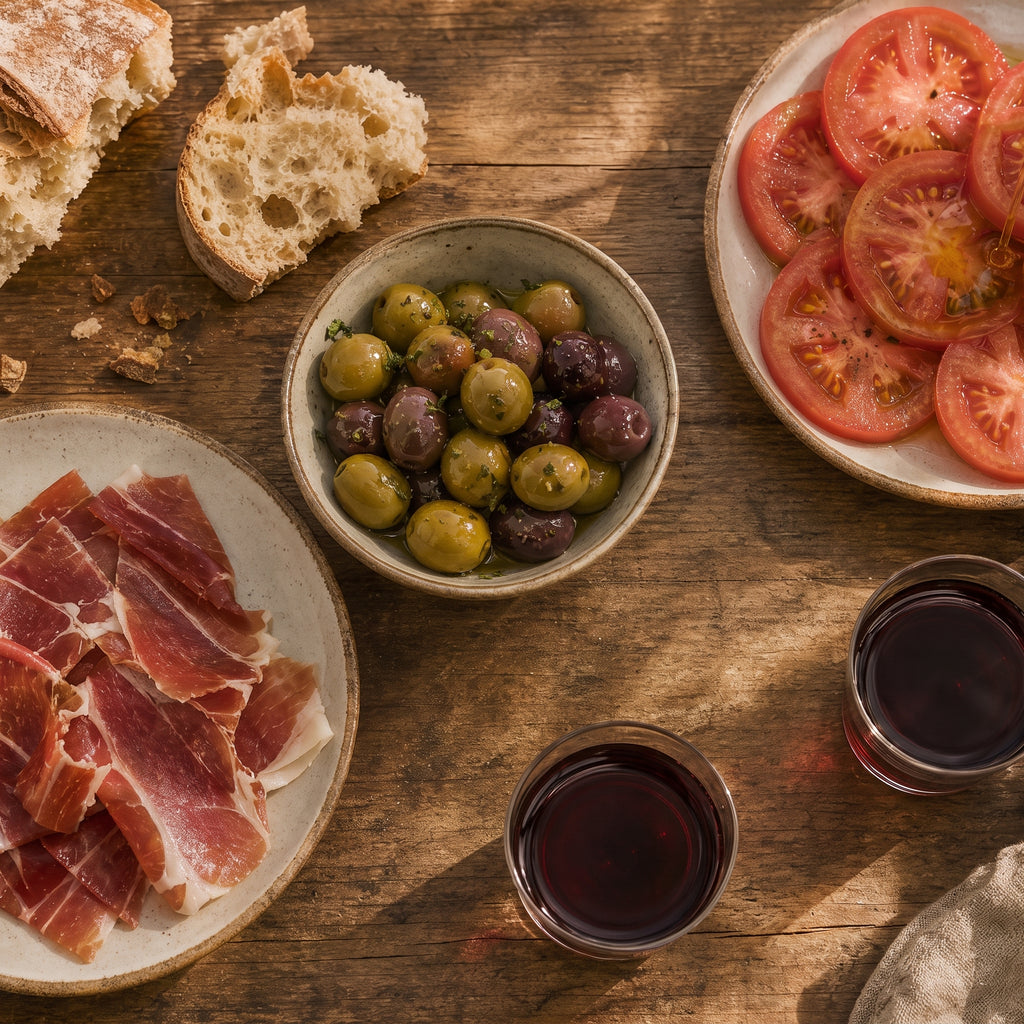 Spansk tapas-bord med brød, skinke, oliven og vin