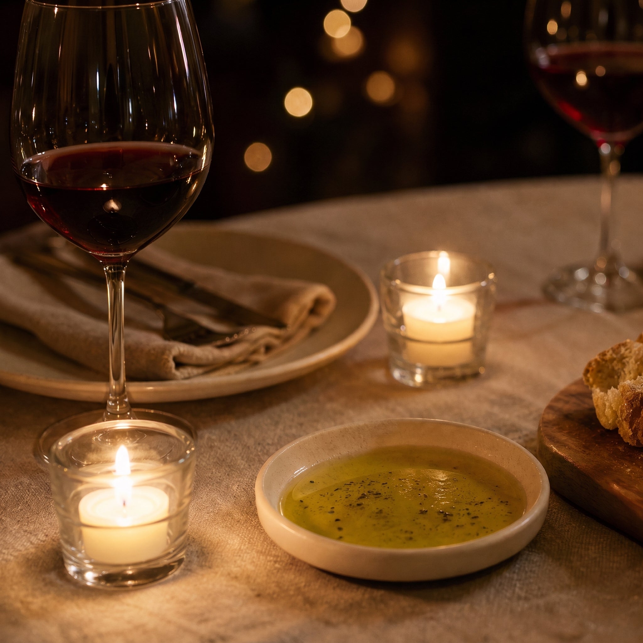 Koselig middagsbord med lys, brød og vin
