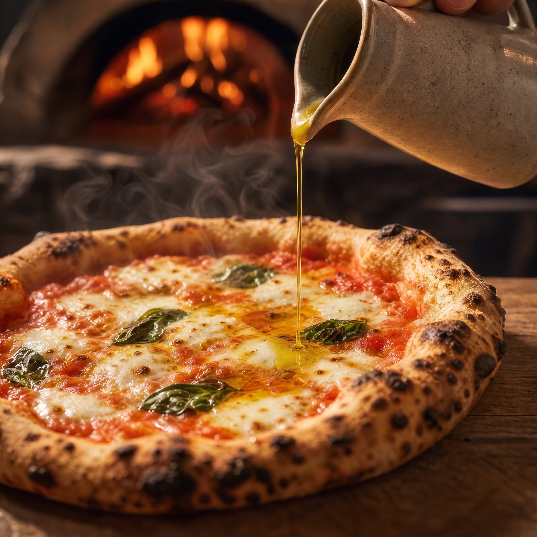Nybakt pizza med olivenolje dryppet over