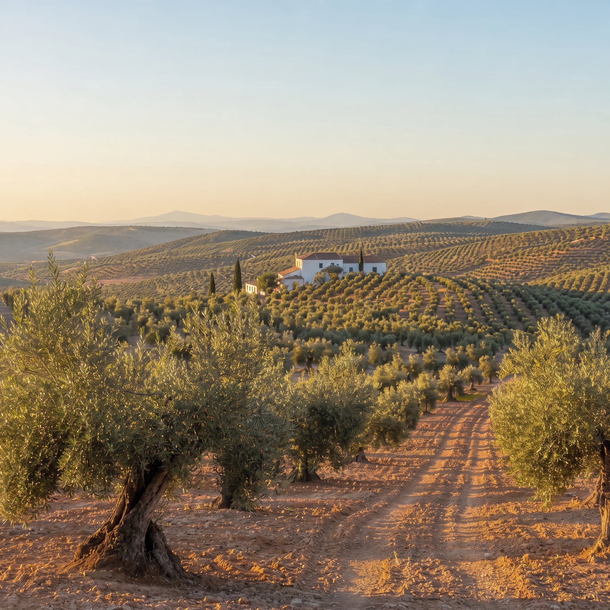 Olivenlund i Córdoba, Andalucia i gyllent kveldslys